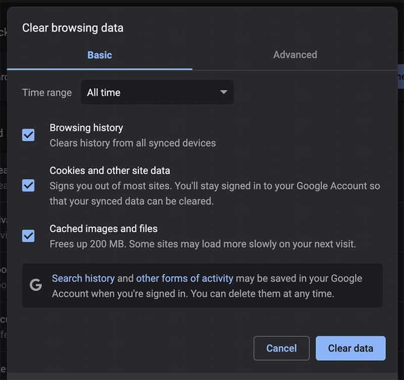 clear browsing data in chrome