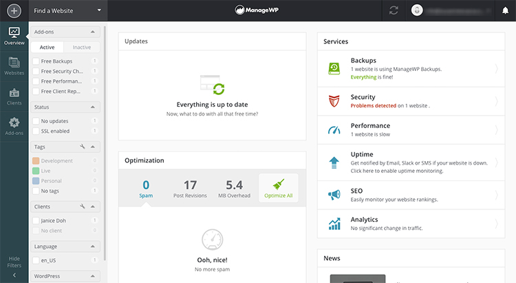 ManageWP website management tool in svizzera