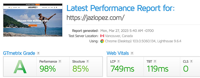 Jaz Lopez membership website GTMetrix test